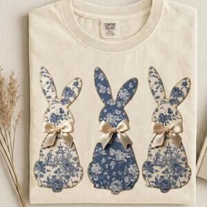 S Easter Bunny T-Shirt, Blue Toile Floral Applique, Grandmillennial Style